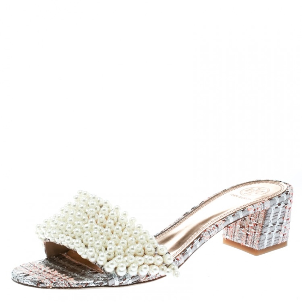 Tory Burch Tatiana Pearl sandal with heel. Pink/silver Embroidered fabric. 6.5